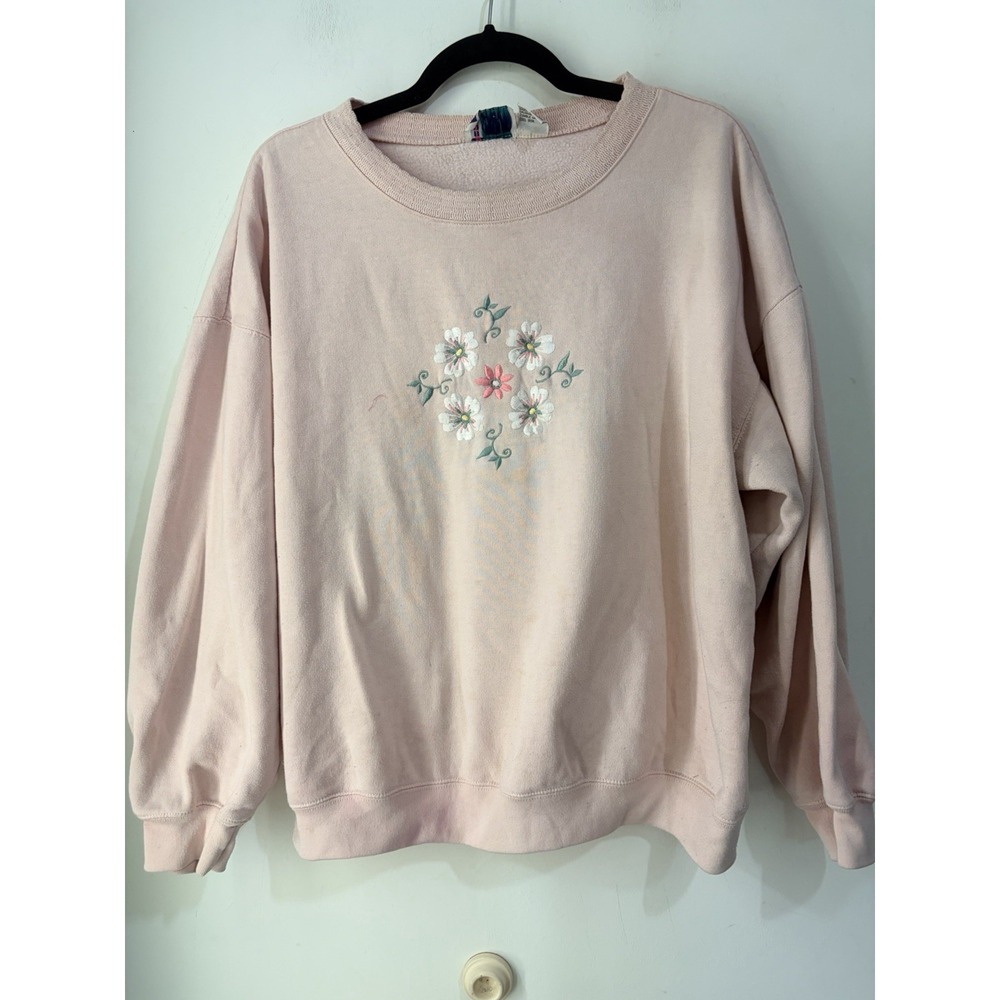 Vintage 90s Bold Spirit Floral Embroidered Sweatshirt Pink XL Grandmacore